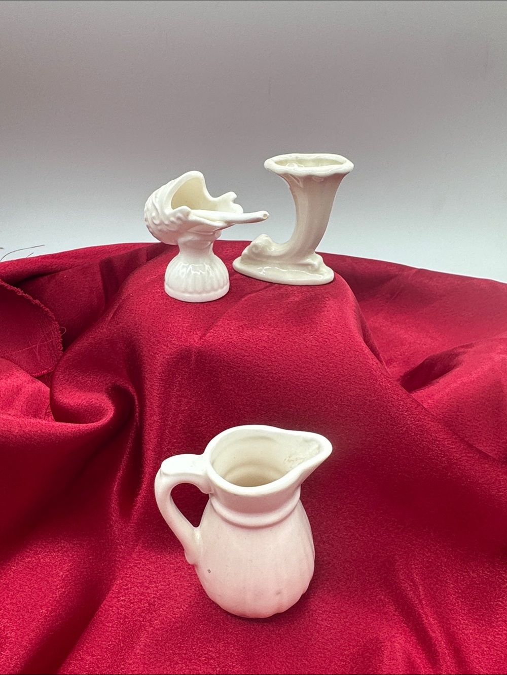 3 white Porcelain Miniatures, Vase, Pitcher, Server with Scoop.